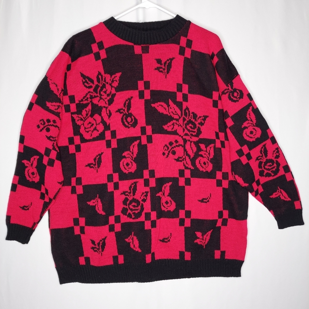 Classic Essentials Vtg Sweater Women 22W Flower Block Patchwork Neon Red